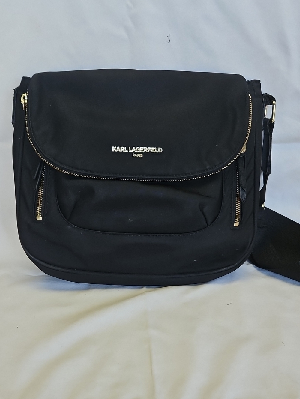 Karl Lagerfeld Black Messenger Bag with Gold Hardware